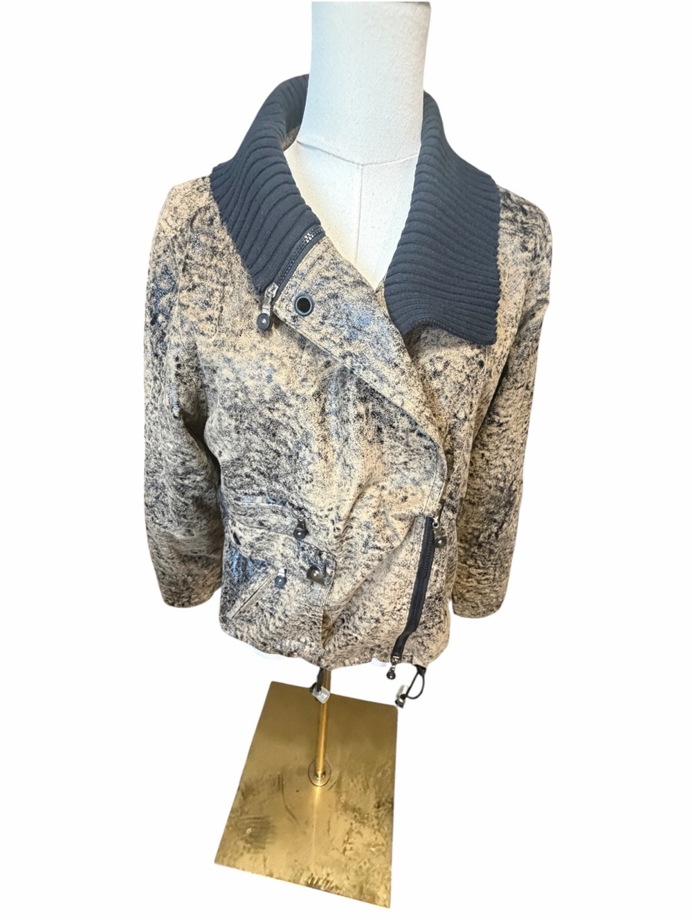 Jamie Sadock Women’s Tan and Black Marled Knit-Collar Jacket Sz Small